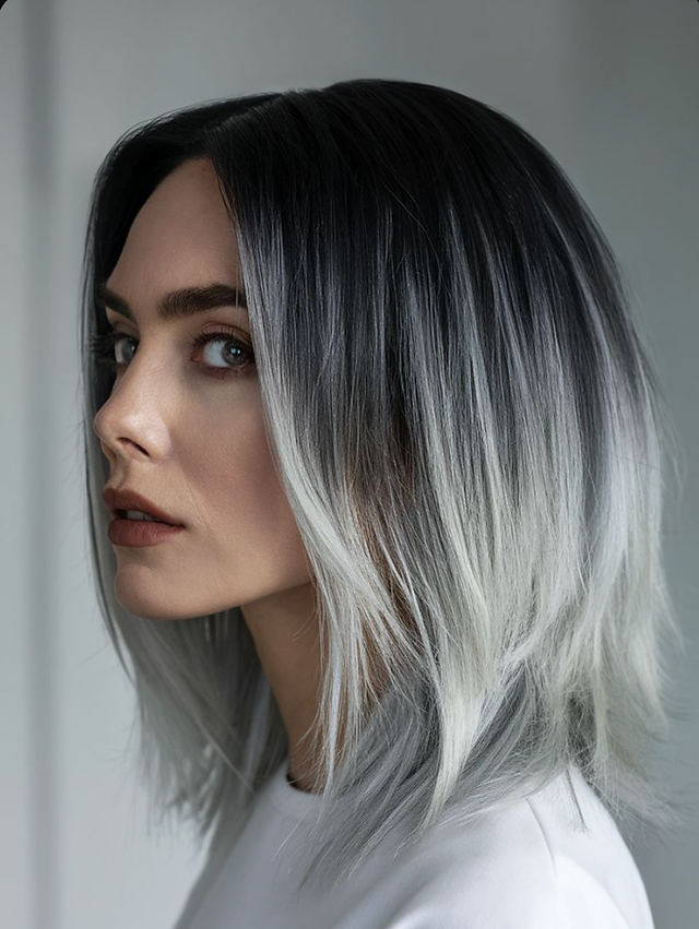 Black to Silver Collarbone Lob Black to Silver Collarbone Lob — Winter Ombre Hair
