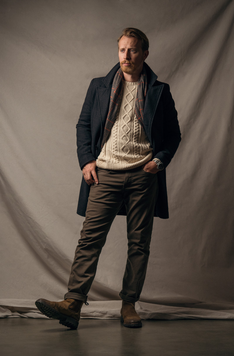 Classic Wool Coat with Cable Knit Sweater and Suede Boots — Winter Outfits for Men