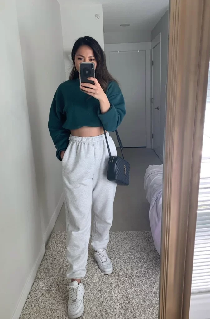 Teal Cropped Sweatshirt with Light Grey Sweatpants — Sweatpants Outfits