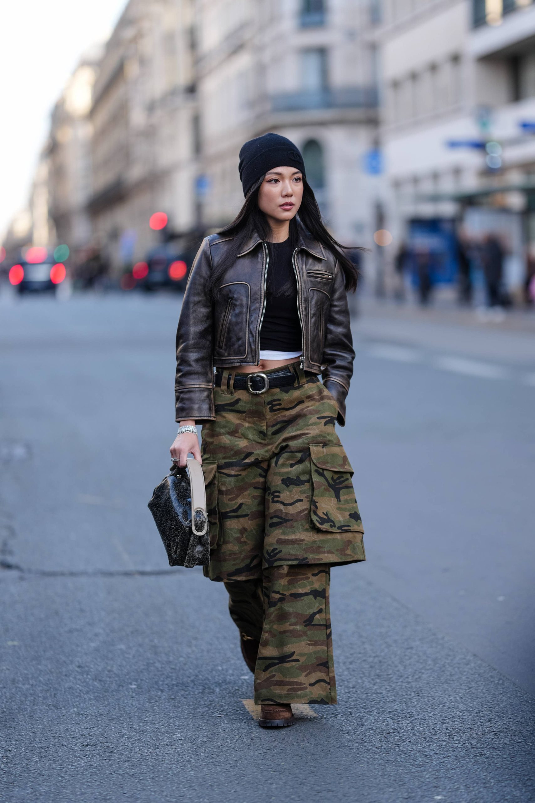 Black Beanie with Leather Jacket and Camouflage Cargo Pants Black Beanie with Leather Jacket and Camouflage Cargo Pants — Beanie Outfits