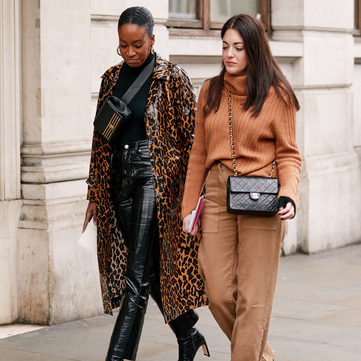 Statement Leopard Trench Coat Over Black Vinyl Trousers Statement Leopard Trench Coat Over Black Vinyl Trousers — Winter Business Casual Outfits