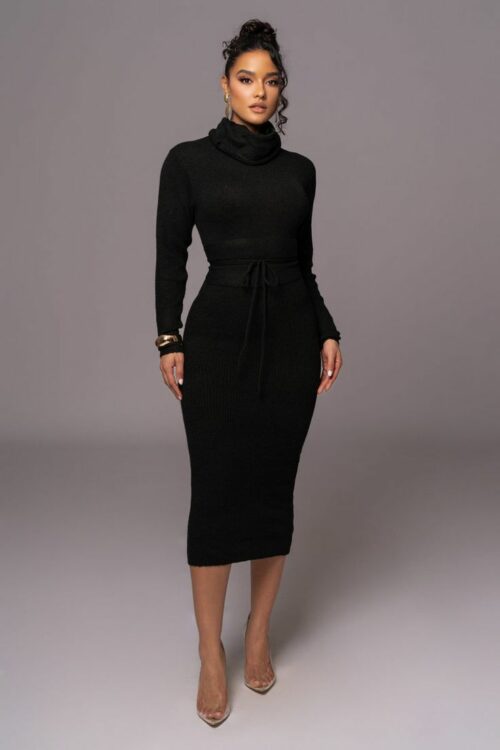 Elegant Black Ribbed Turtleneck Midi Dress — Turtleneck Outfits