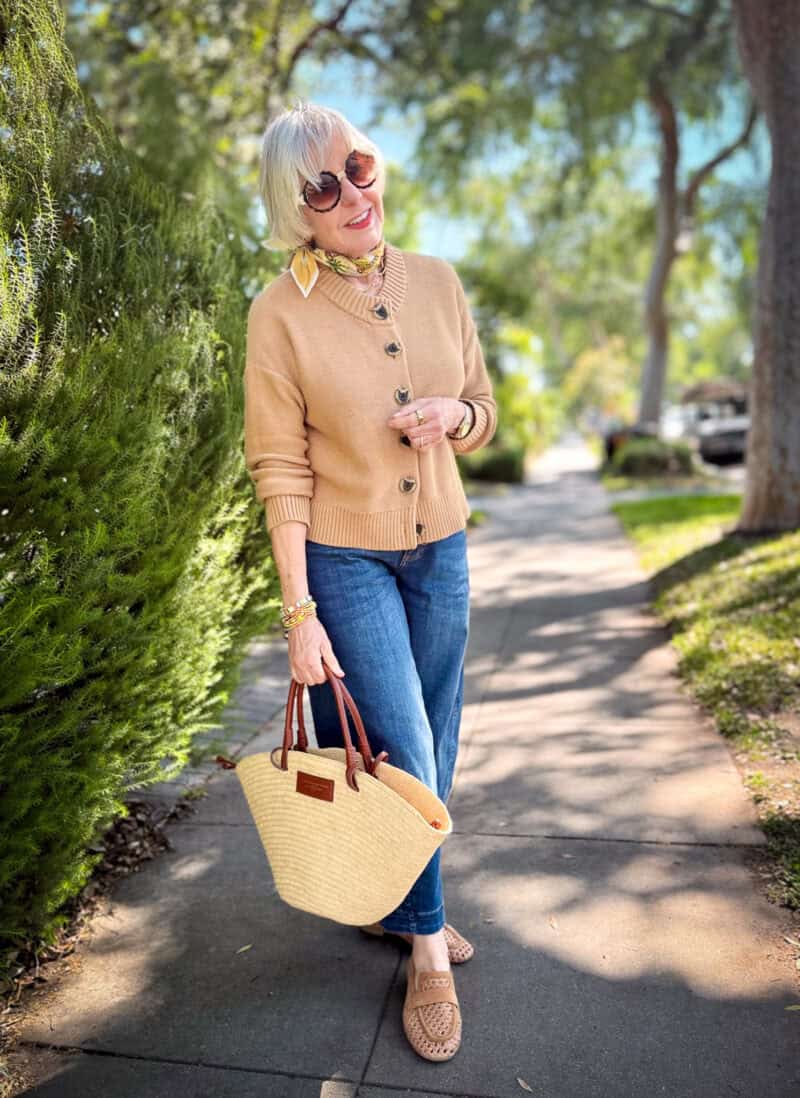 Tan Button-Front Cardigan with Straight-Leg Jeans and Woven Loafers — Cardigan Outfits