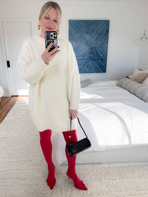 Cozy Red Tights with White Sweater Dress Cozy Red Tights with White Sweater Dress — Tights Outfits
