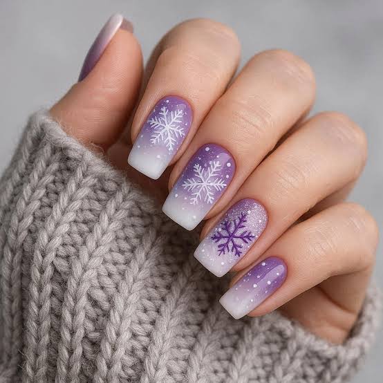 Purple Sheer White Ombre Snowflake Square Nails Purple Sheer White Ombre Snowflake Square Nails — Winter Ombre Nails