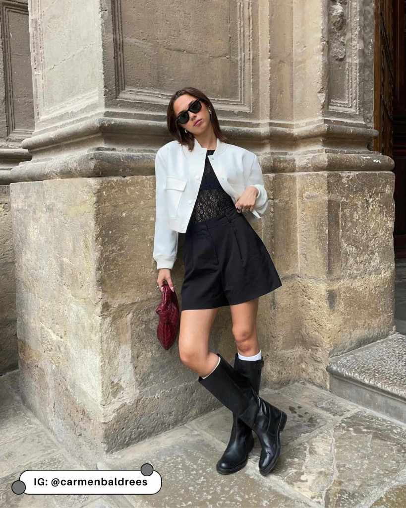 Going Out Look: Black Knee-High Boots with Lace Bodysuit and White Jacket — Black Boots Outfits