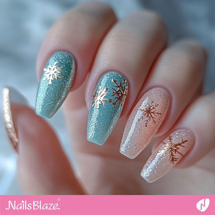 Light Blue Peach Glitter Gold Snow Coffin Nails Light Blue Peach Glitter Gold Snow Coffin Nails — Winter Coffin Nails