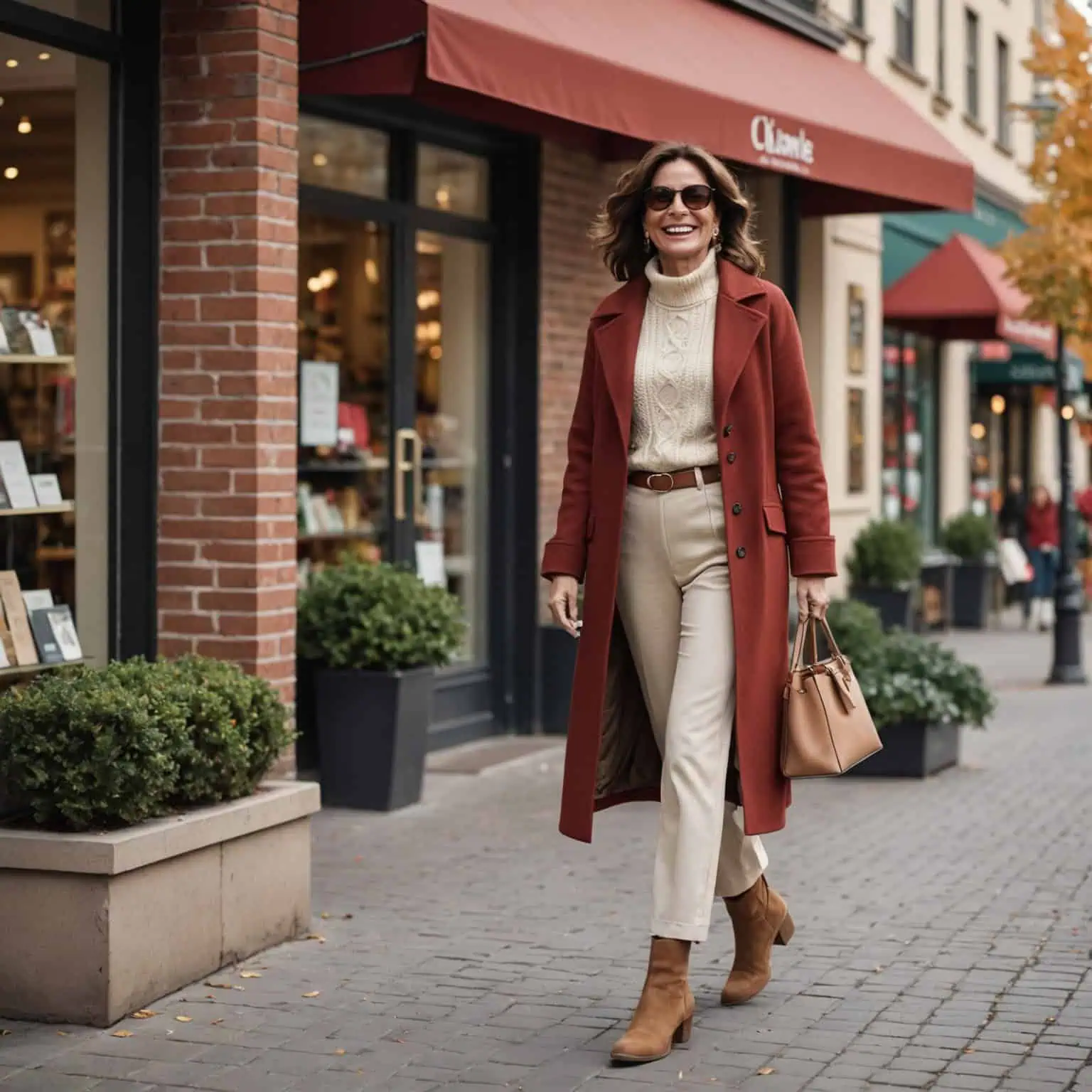 Rust-Colored Wool Coat with Cream Trousers for a Chic Winter Look Rust-Colored Wool Coat with Cream Trousers for a Chic Winter Look — Winter Outfits for Women Over 60