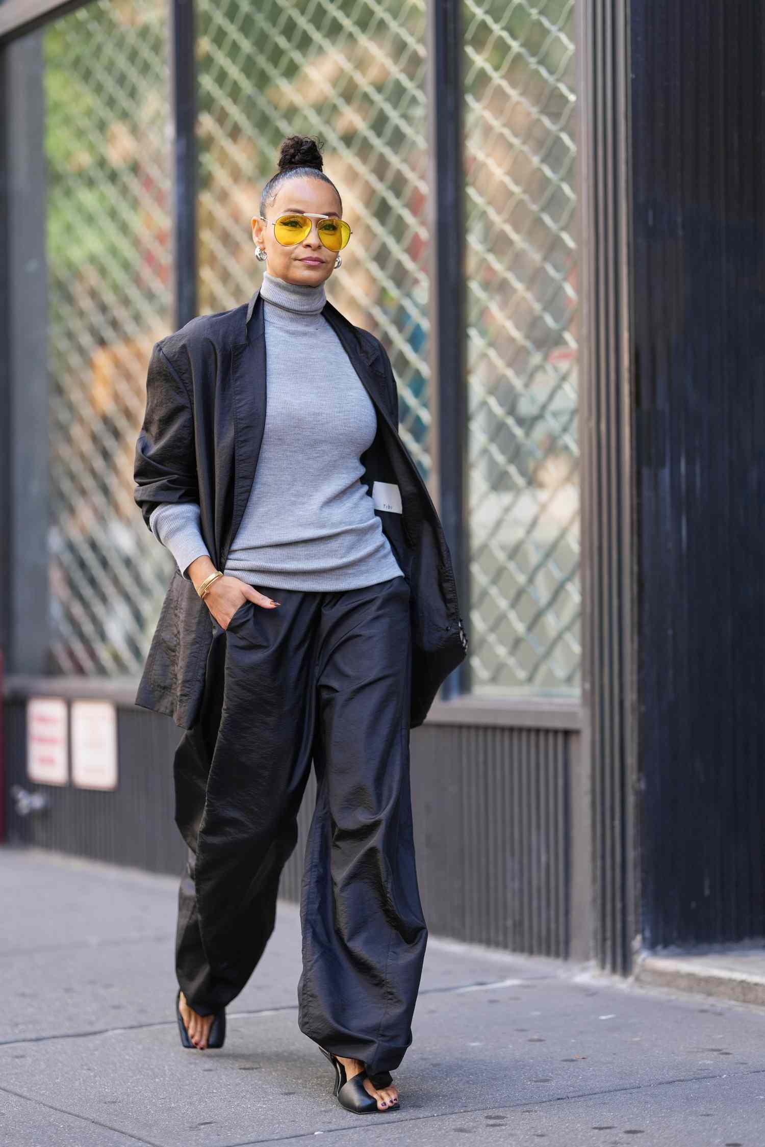 Fashion-Forward Black Parachute Pants with Blazer — Sweatpants Outfits