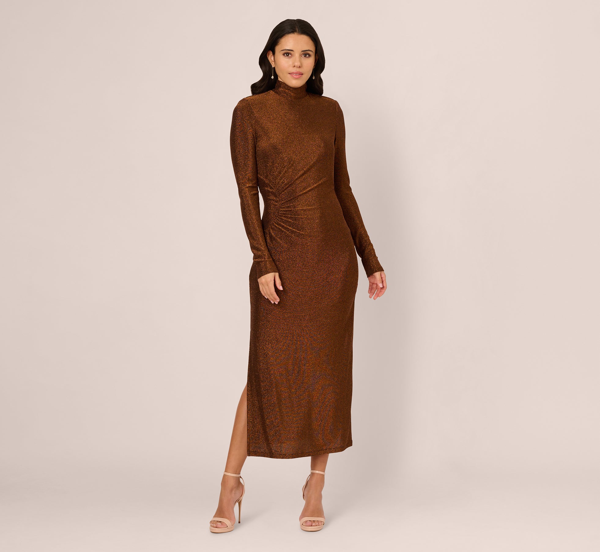 Shimmering Bronze Dress for a Glamorous Winter Dinner — Winter Dinner Outfits