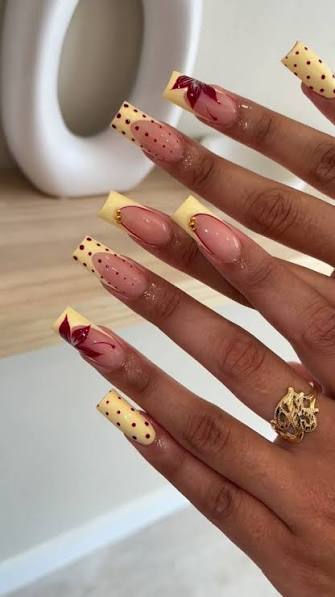 Pale Yellow with Black Polka Dots and Burgundy Flowers Pale Yellow with Black Polka Dots and Burgundy Flowers — yellow nail designs