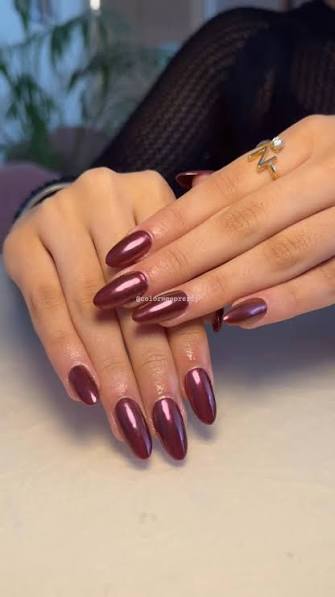 Deep Burgundy Mirror Chrome Almonds Deep Burgundy Mirror Chrome Almonds — chrome nail designs