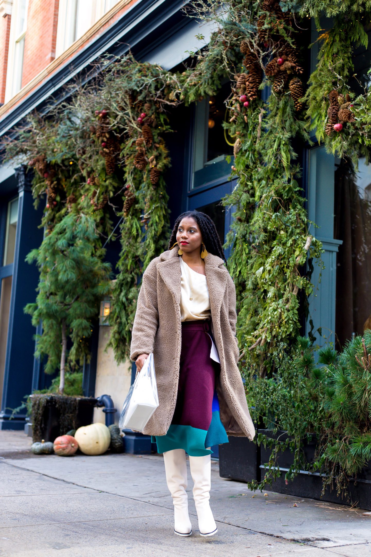 Teddy Bear Coat with Color-Blocked Skirt and White Boots — NYC Winter Outfits