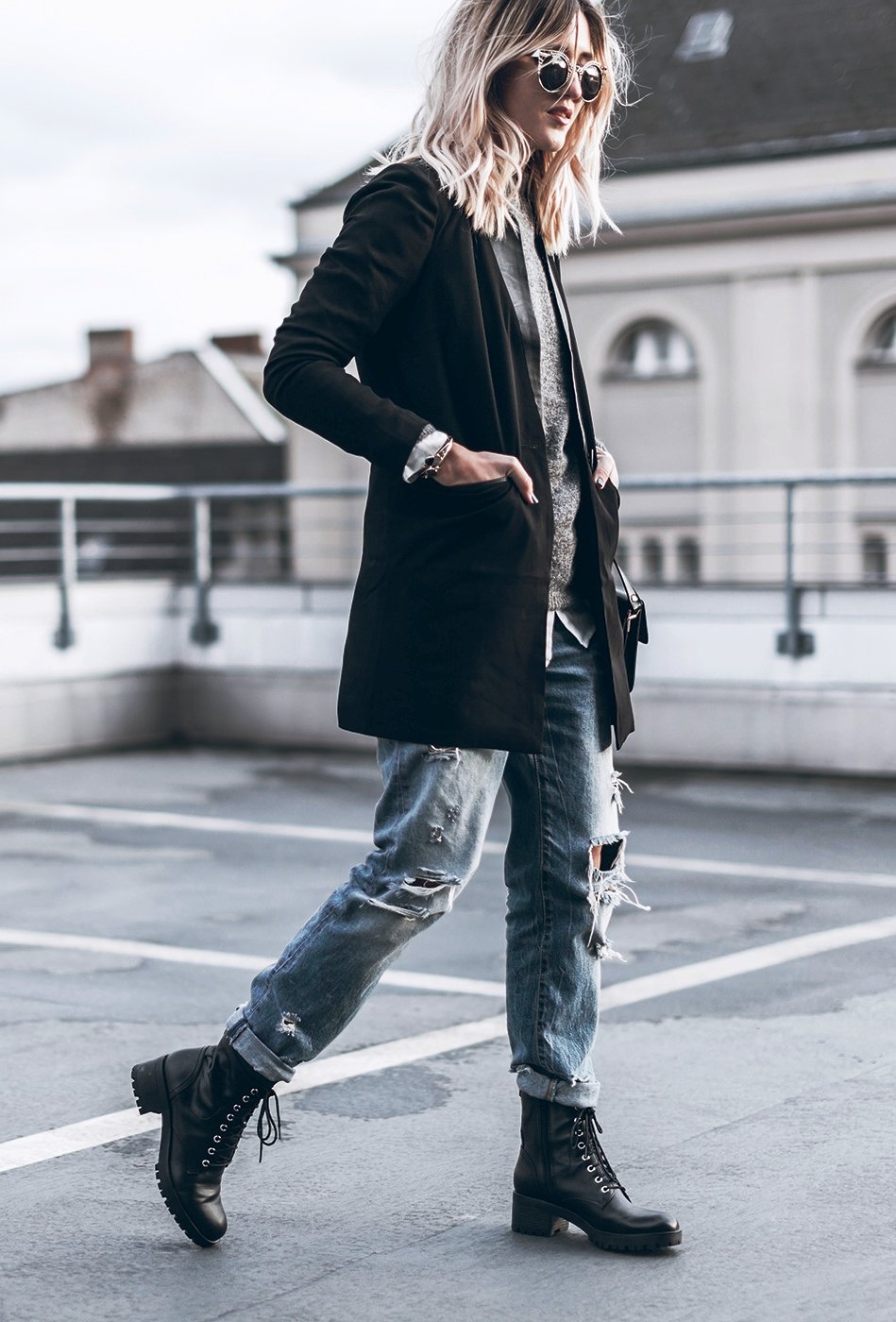 Black Blazer Over Sweater with Distressed Jeans — Grunge Winter Outfits