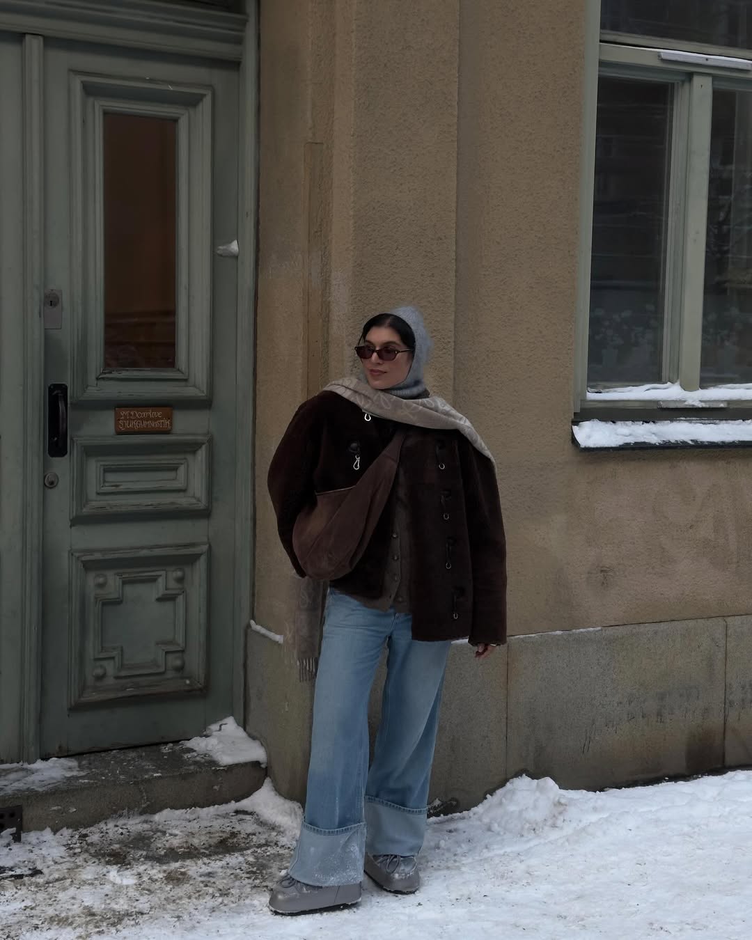 Brown Faux Fur Jacket with Grey Moon Boots for a Cozy Snow Day — Snow Day Outfits