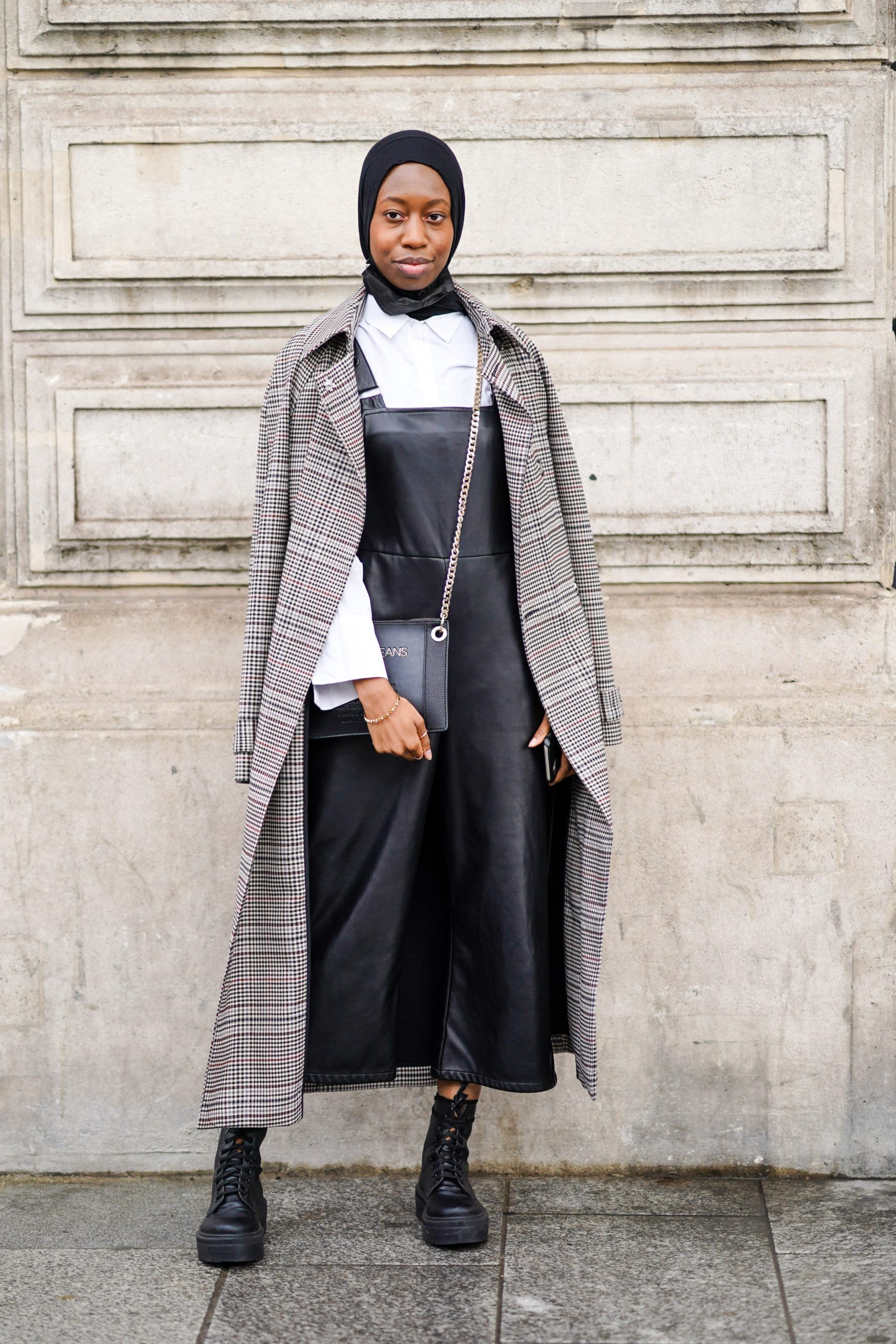Urban Chic: Leather Pinafore Dress and Checked Trench Coat Urban Chic: Leather Pinafore Dress and Checked Trench Coat — winter outfits for black women
