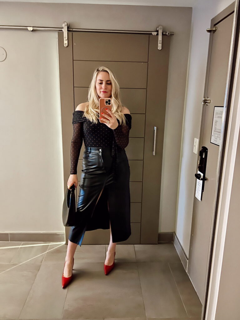 Black Leather Midi Skirt with Polka Dot Mesh Top Black Leather Midi Skirt with Polka Dot Mesh Top — Leather Skirt Outfits