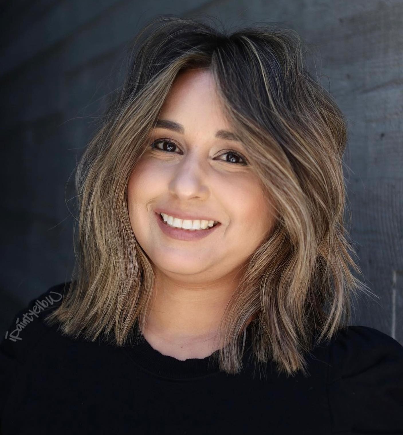 Ash Brown Lob with Balayage Ash Brown Lob with Balayage — Winter Hair Colors for Plus Size Women