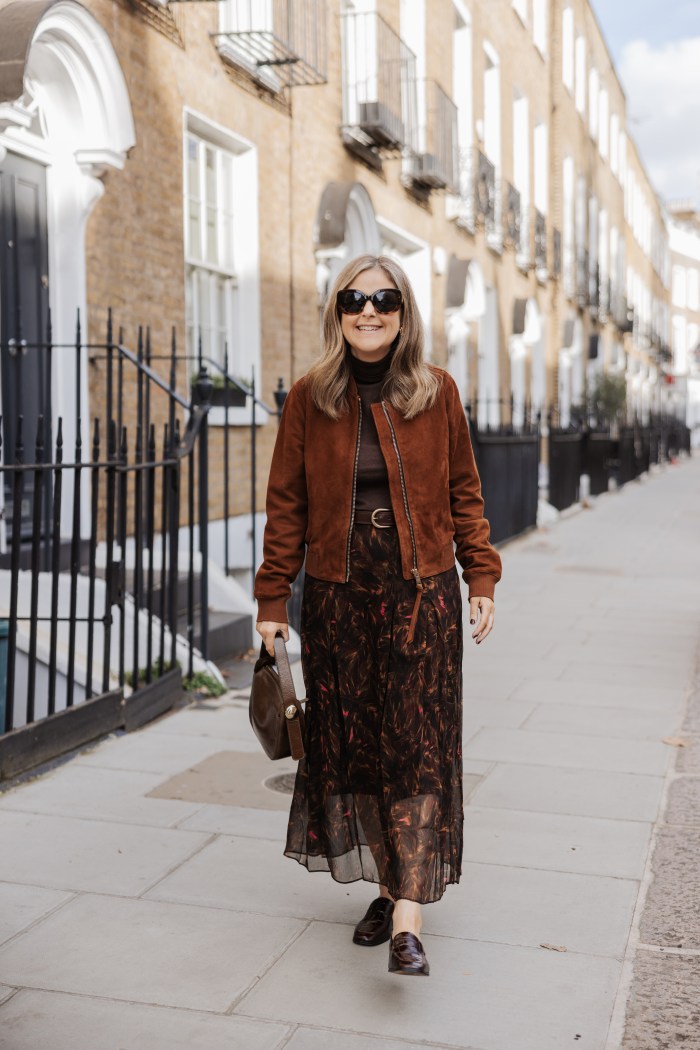 Chic Suede Bomber Jacket with Patterned Midi Skirt Chic Suede Bomber Jacket with Patterned Midi Skirt — London Winter Outfits