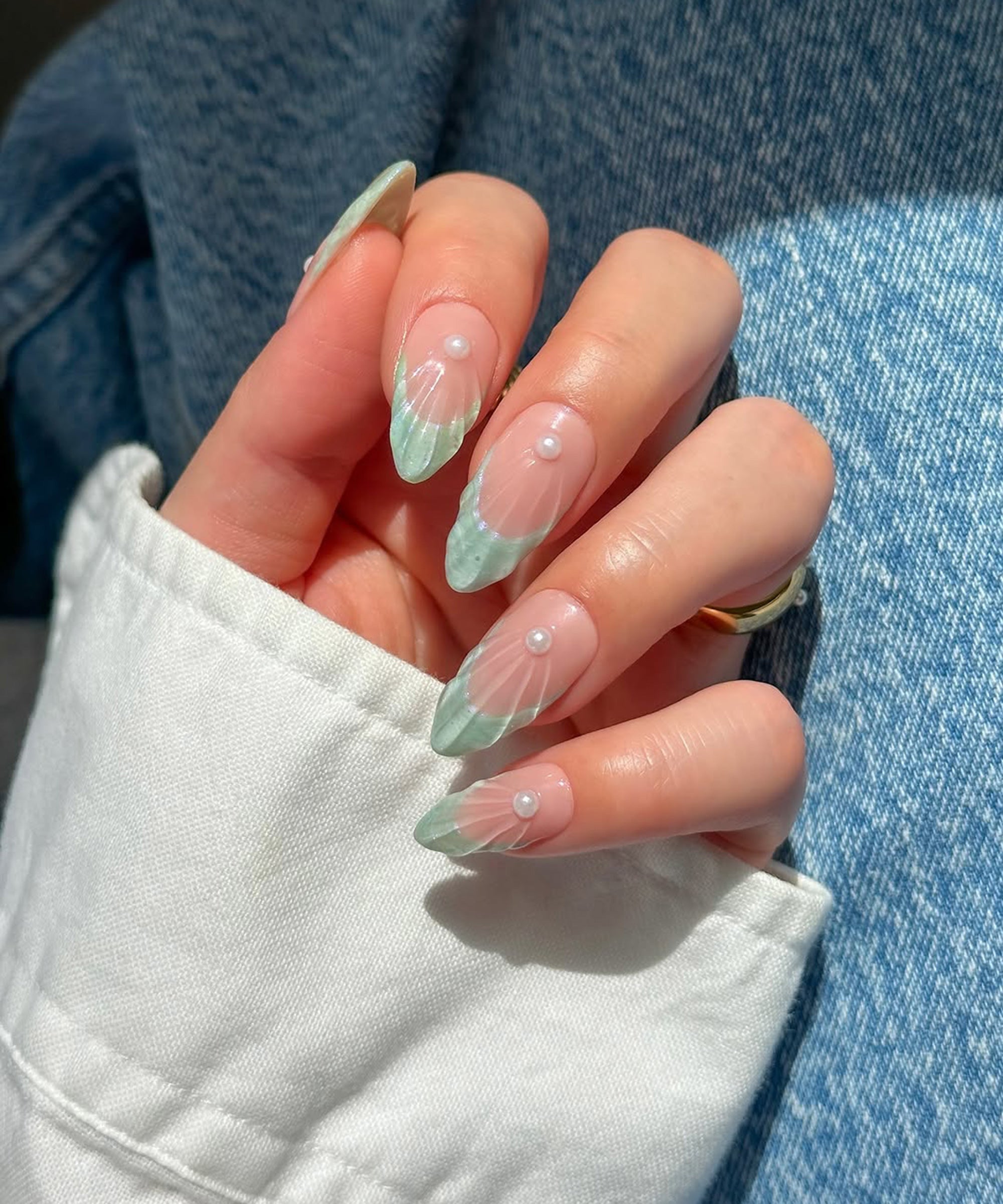 Light Green French Tips with Pearls Light Green French Tips with Pearls — Winter to Spring Transition Nails