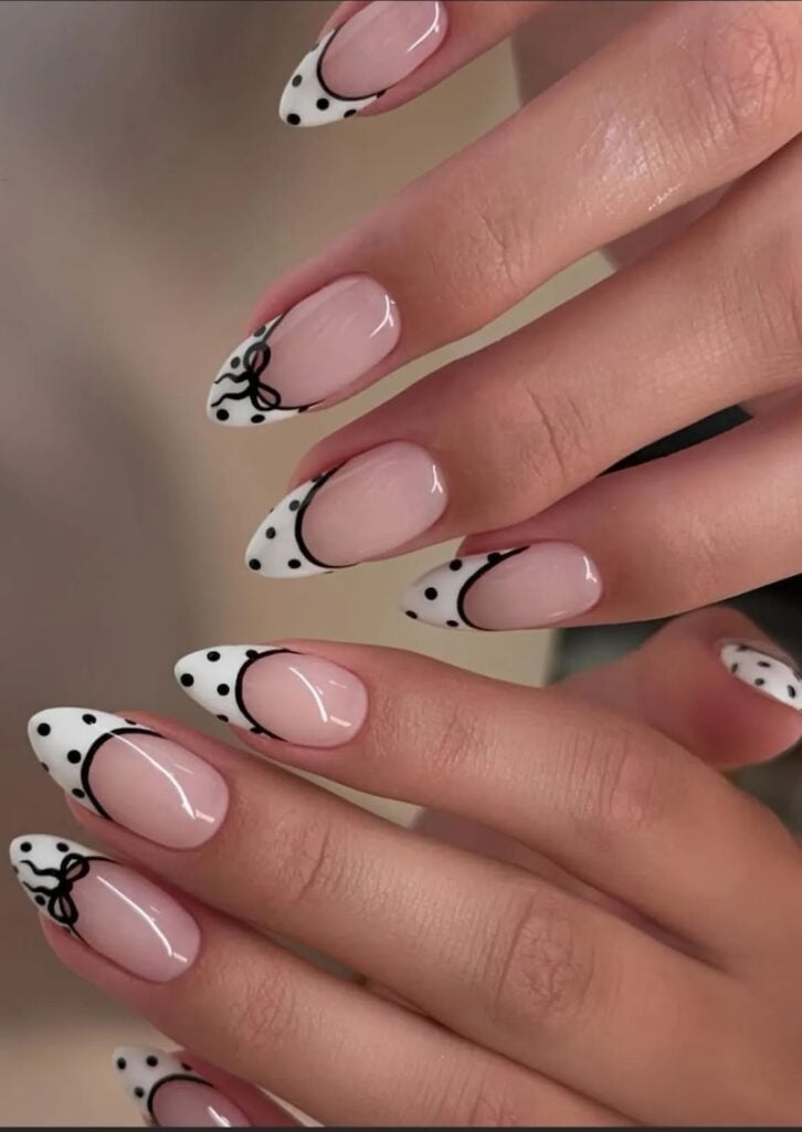 Stiletto with Black Dots and Bows Stiletto with Black Dots and Bows — simple nail designs