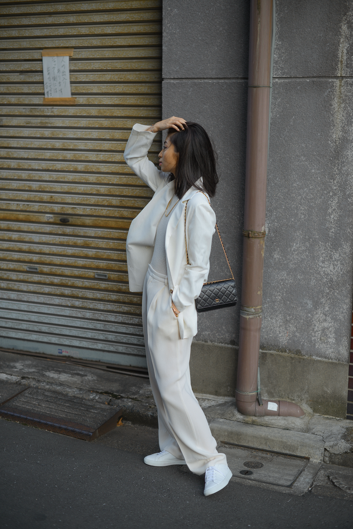 Oversized White Blazer with Grey Top and Wide-Leg Trousers — Winter White Outfits