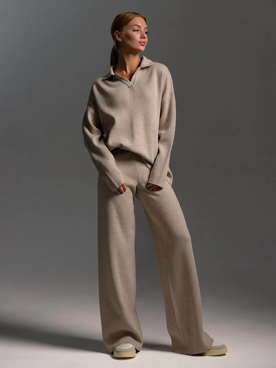 Minimalist Beige Knit Oversized Sweater and Pants — Knit Set Outfits