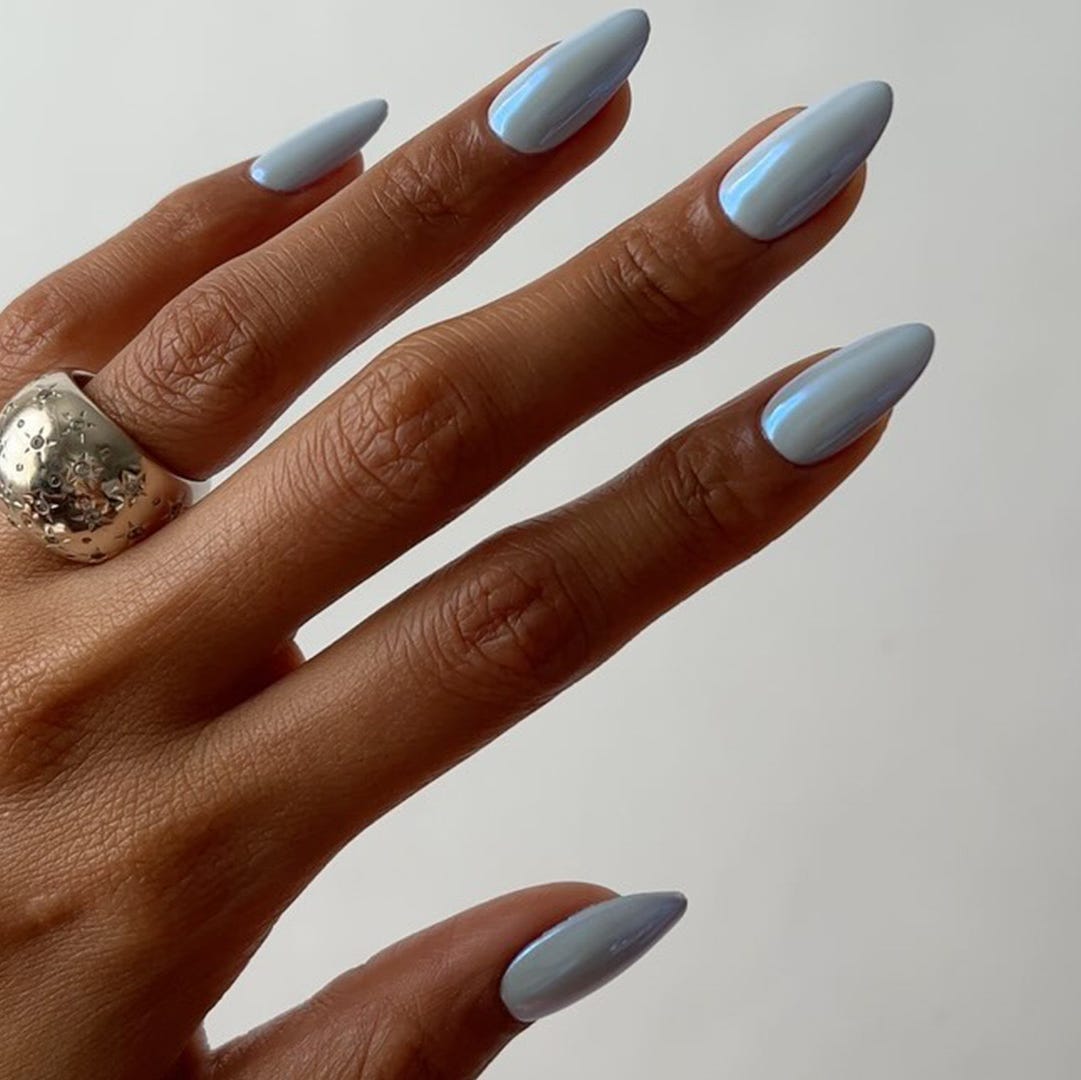 Pale Blue Shimmer Chrome Almonds — Icy Blue Nails