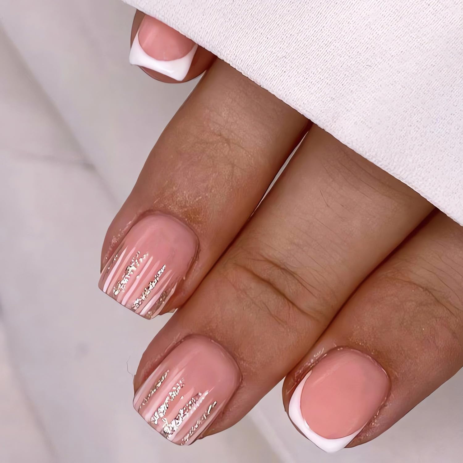 Pink White Glitter Stripe Short Square Nails Pink White Glitter Stripe Short Square Nails — Winter Square Nails
