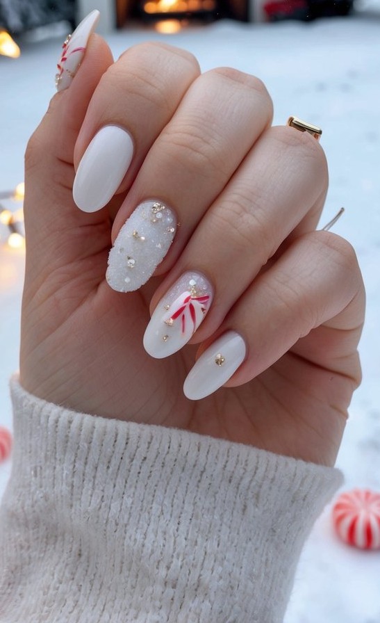 Matte White Glitter Red Accent Oval Nails Matte White Glitter Red Accent Oval Nails — Winter Wedding Nails