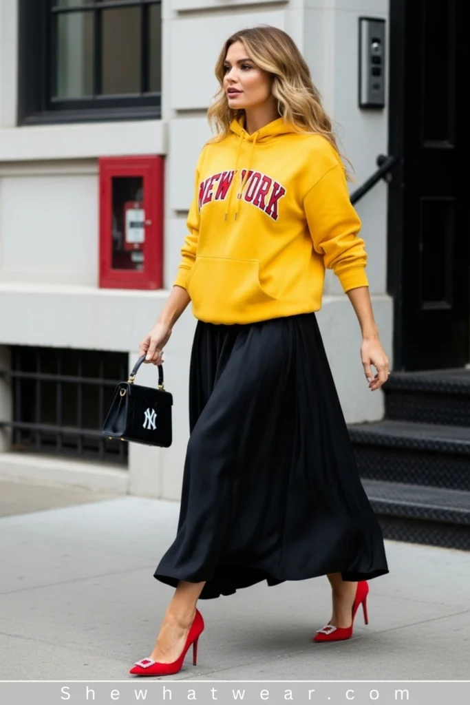 Bold Hoodie with Skirt and Heels: Unexpected Mix — Hoodie Outfits