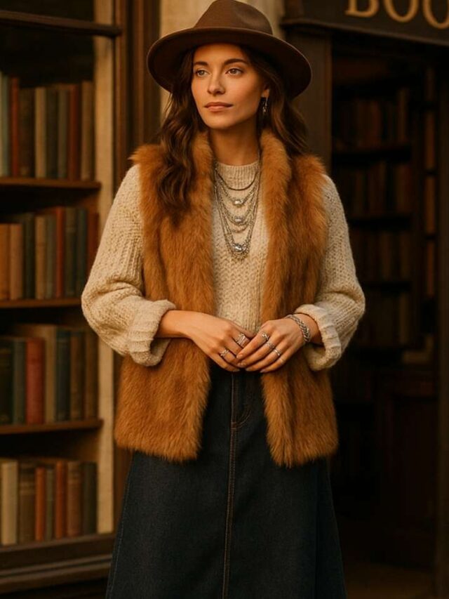 Cream Knit Sweater with Faux Fur Vest and Denim Skirt — Boho Winter Outfits