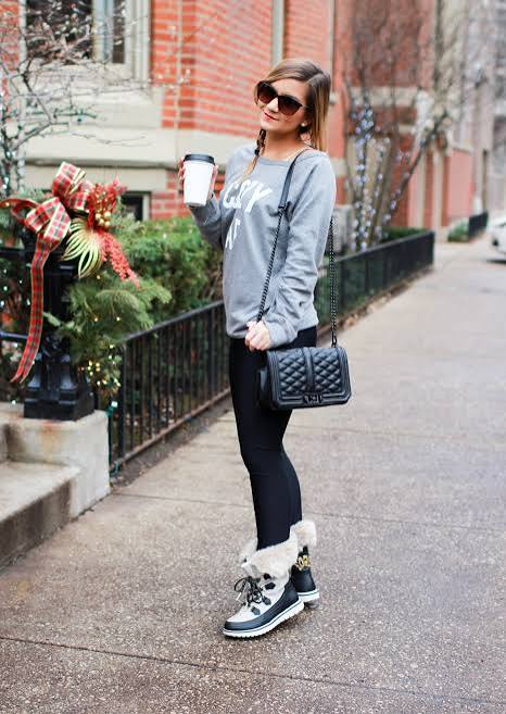 Graphic Sweatshirt with Fur-Trimmed Boots Graphic Sweatshirt with Fur-Trimmed Boots — Chicago Winter Outfits