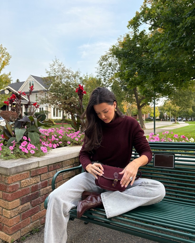Relaxed Burgundy Turtleneck and Wide-Leg Jeans Combination — Nashville Winter Outfits