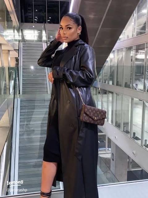 Black Leather Trench Coat with Fitted Dress Black Leather Trench Coat with Fitted Dress — Winter Outfits for Warm Weather