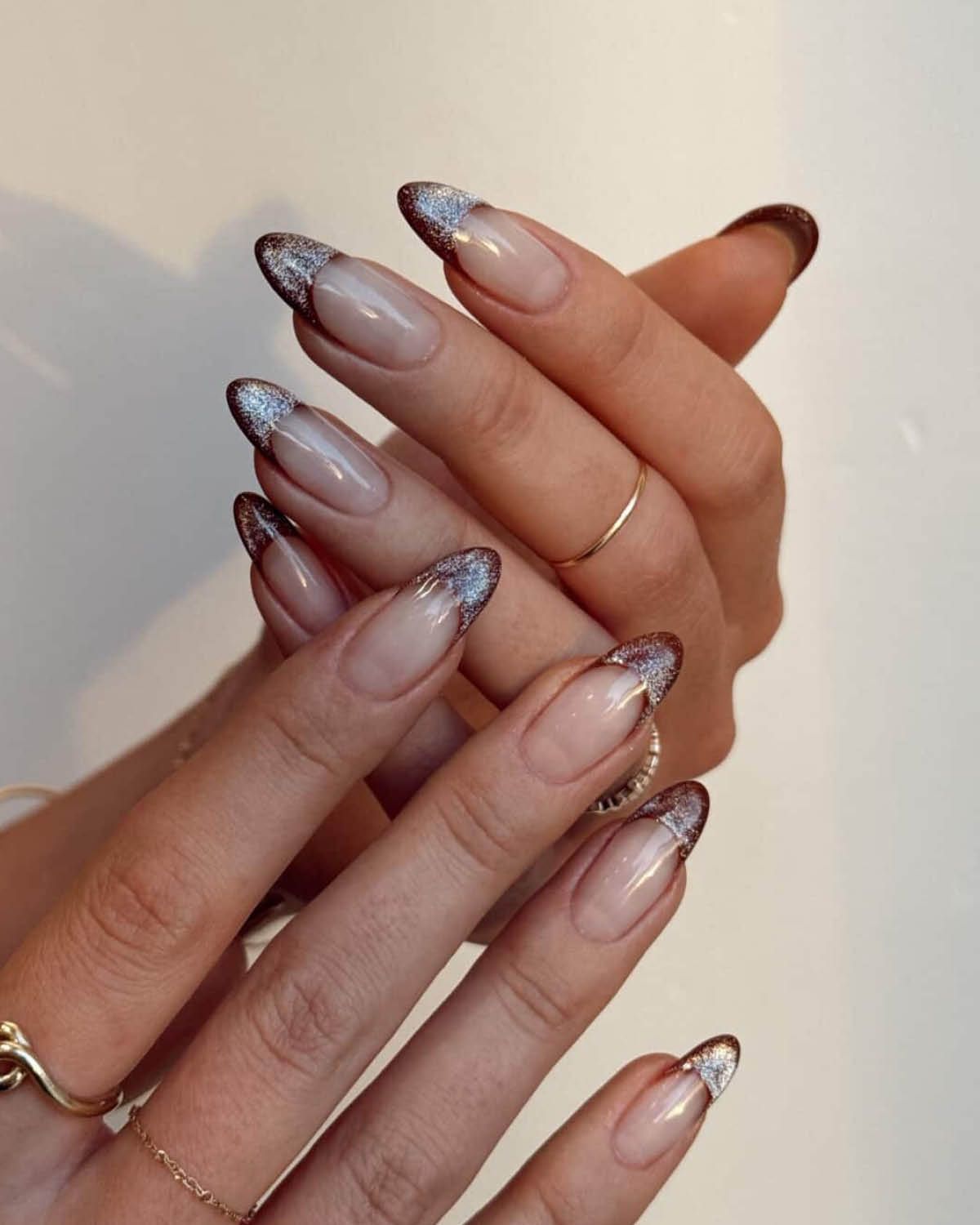 Silver Glitter French Tip Almond Nails — Winter Nail Colors for Women Over 70