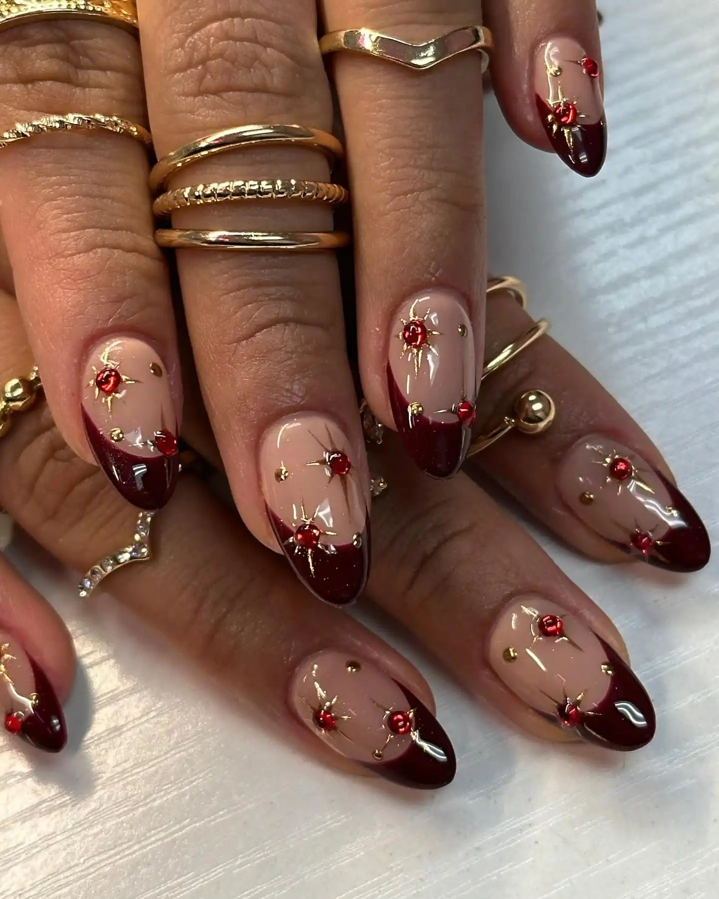 Burgundy Tips with Starburst Gem Accents Burgundy Tips with Starburst Gem Accents — Burgundy Nails