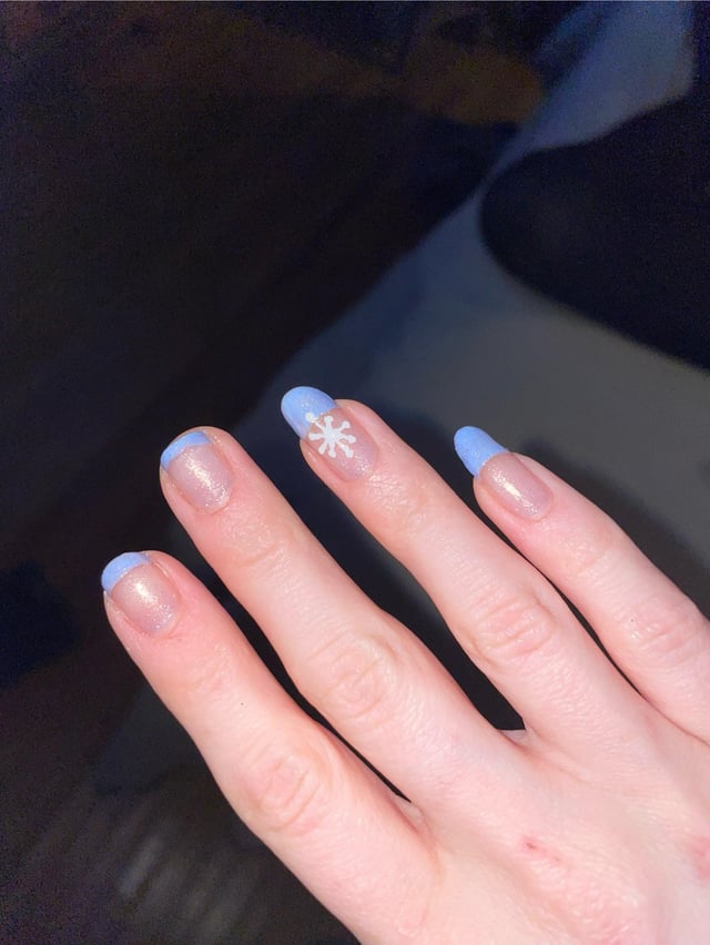 Pale Blue Sheer with Snowflake French Pale Blue Sheer with Snowflake French — Short Winter Acrylic Nails