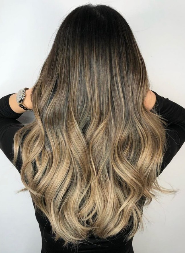 Dark Brown Base Fading Into Blonde Ombre Mid-Back Dark Brown to Blonde Ombre Dark Brown Base Fading Into Blonde Ombre Mid-Back Dark Brown to Blonde Ombre — Blonde to Brunette Hair
