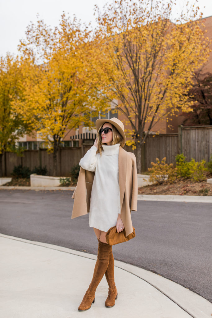 Brown Suede Over-the-Knee Boots with Camel Coat — Over the Knee Boots Outfits