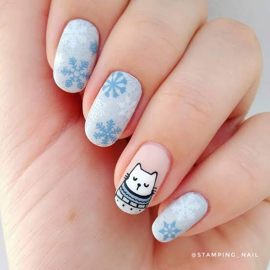 Matte Blue with Cat in Sweater Accent Matte Blue with Cat in Sweater Accent — Winter Nails for Kids