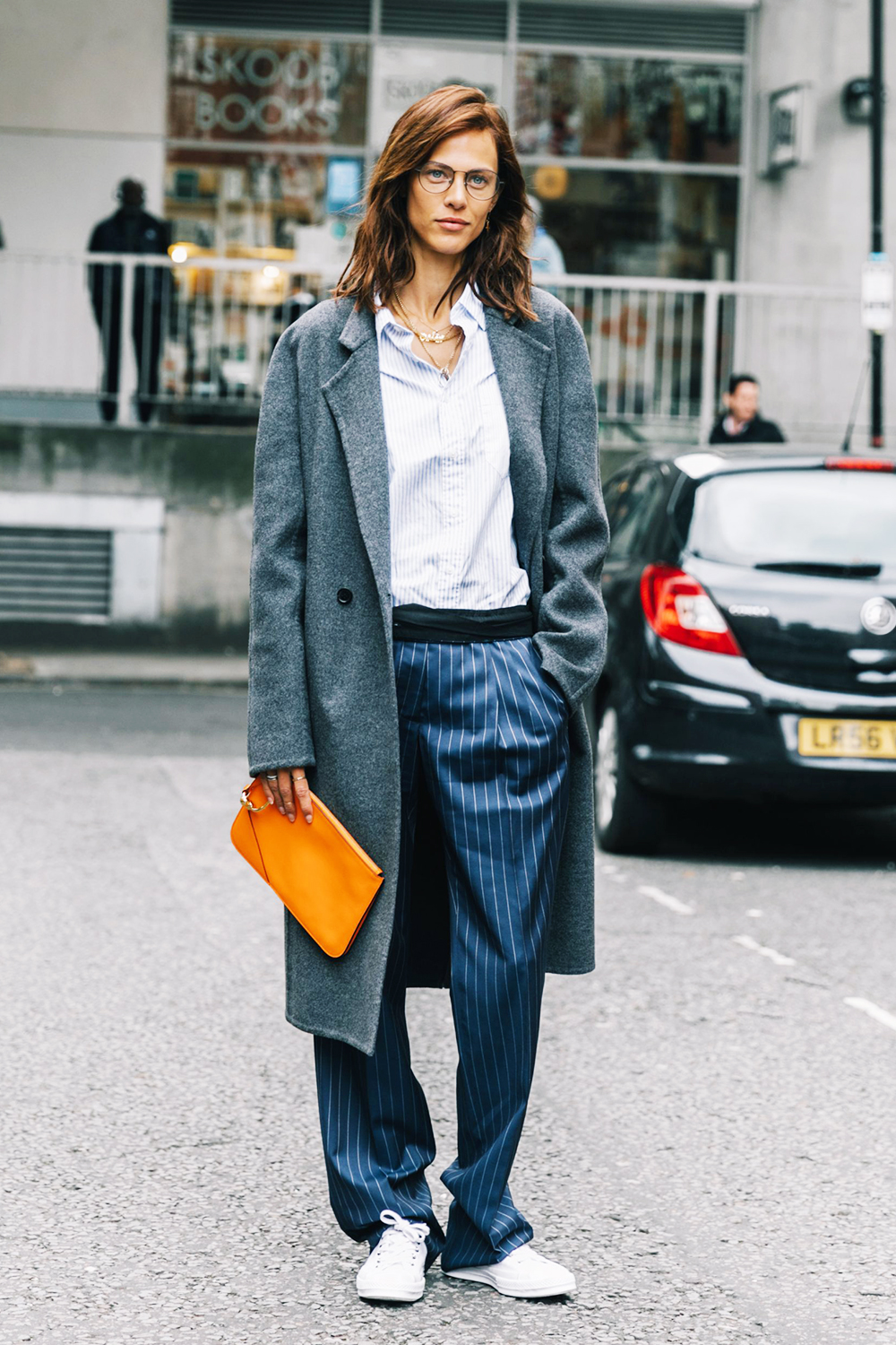 Long Wool Coat, Striped Shirt, and Pinstripe Trousers with White Sneakers Long Wool Coat, Striped Shirt, and Pinstripe Trousers with White Sneakers — Winter Outfits with Sneakers