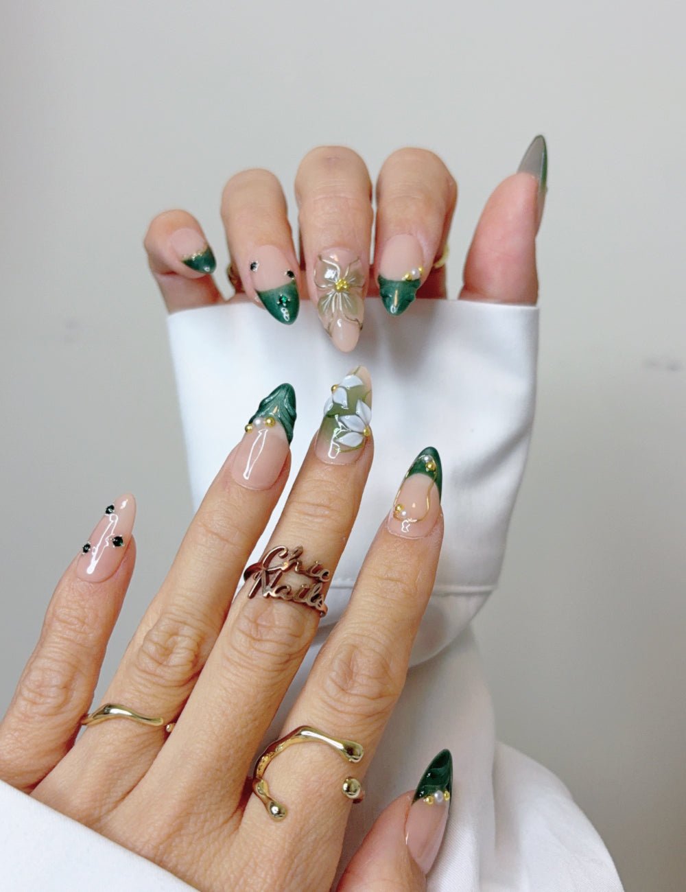 Emerald French with 3D Floral Art Emerald French with 3D Floral Art — Emerald Green Nails