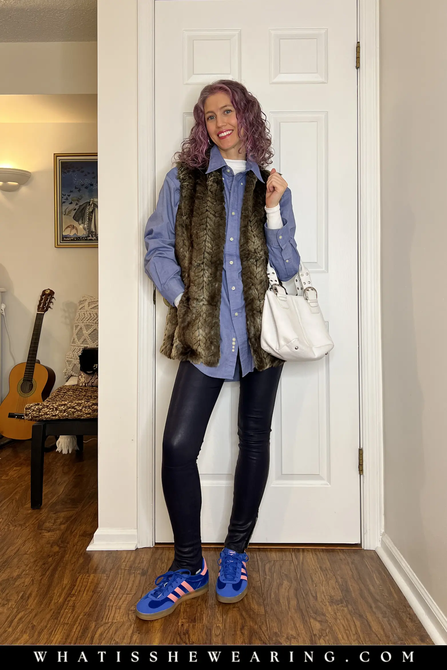 Faux Fur Vest Over Button-Down and Faux Leather Leggings — Winter to Spring Transition Outfits