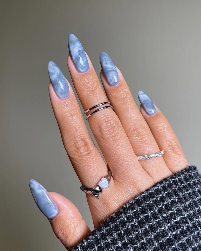 Blue White Marble Stiletto Nails — Winter Marble Nails