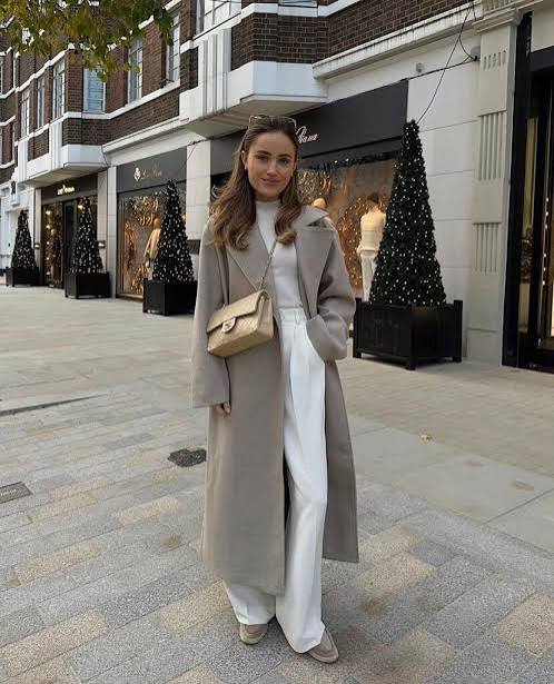 Long Grey Coat Over Cream Turtleneck and Wide-Leg Pants Long Grey Coat Over Cream Turtleneck and Wide-Leg Pants — Winter Date Night Outfits