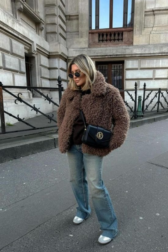 Oversized Teddy Coat with Hoodie and Blue Jeans — Paris Winter Outfits