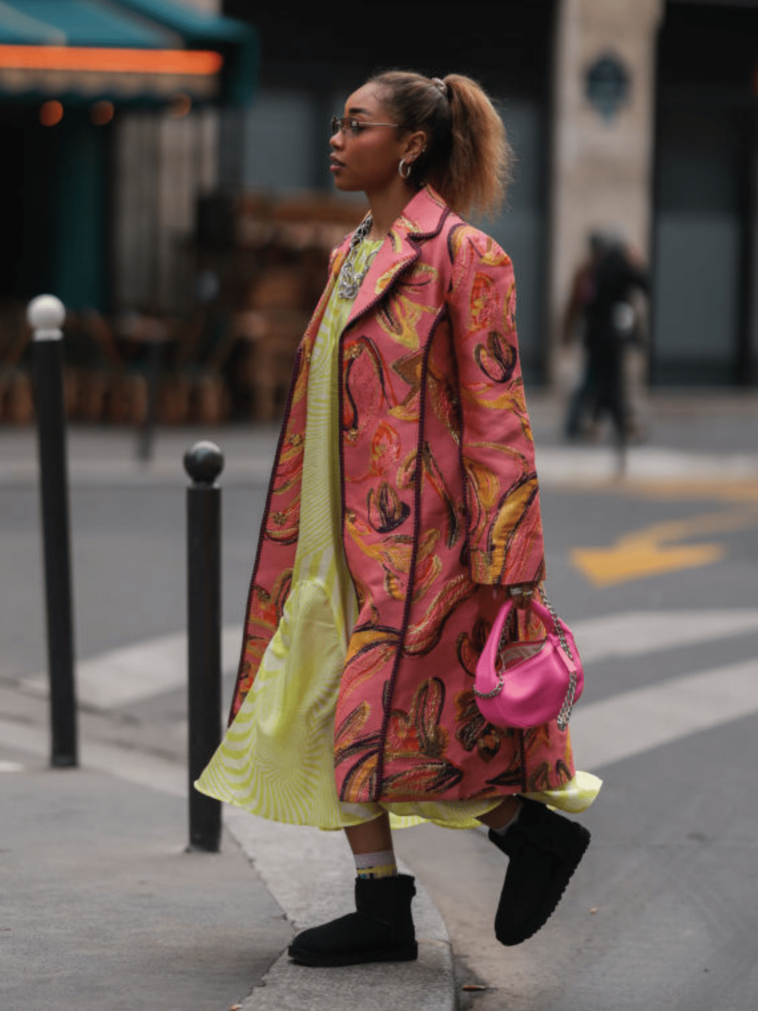 Bold Statement Coat and Patterned Dress with Black Uggs Bold Statement Coat and Patterned Dress with Black Uggs — Ugg Boots Outfits