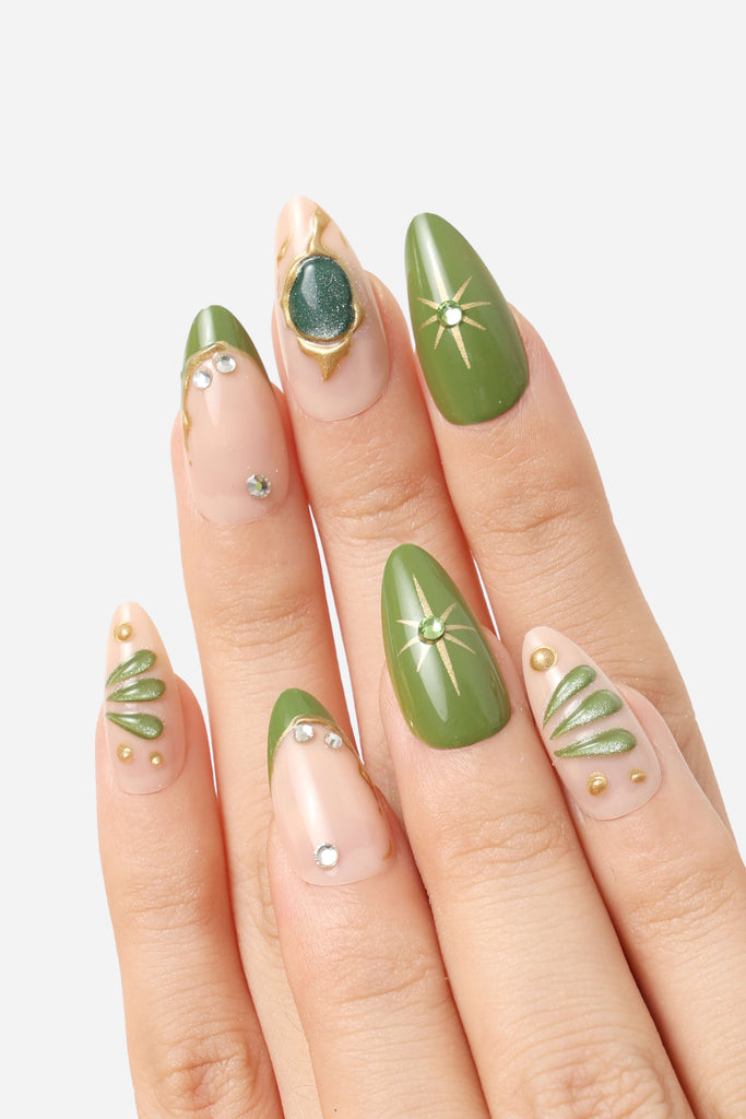 Olive Green and Nude with Gold Accents Olive Green and Nude with Gold Accents — green nail designs