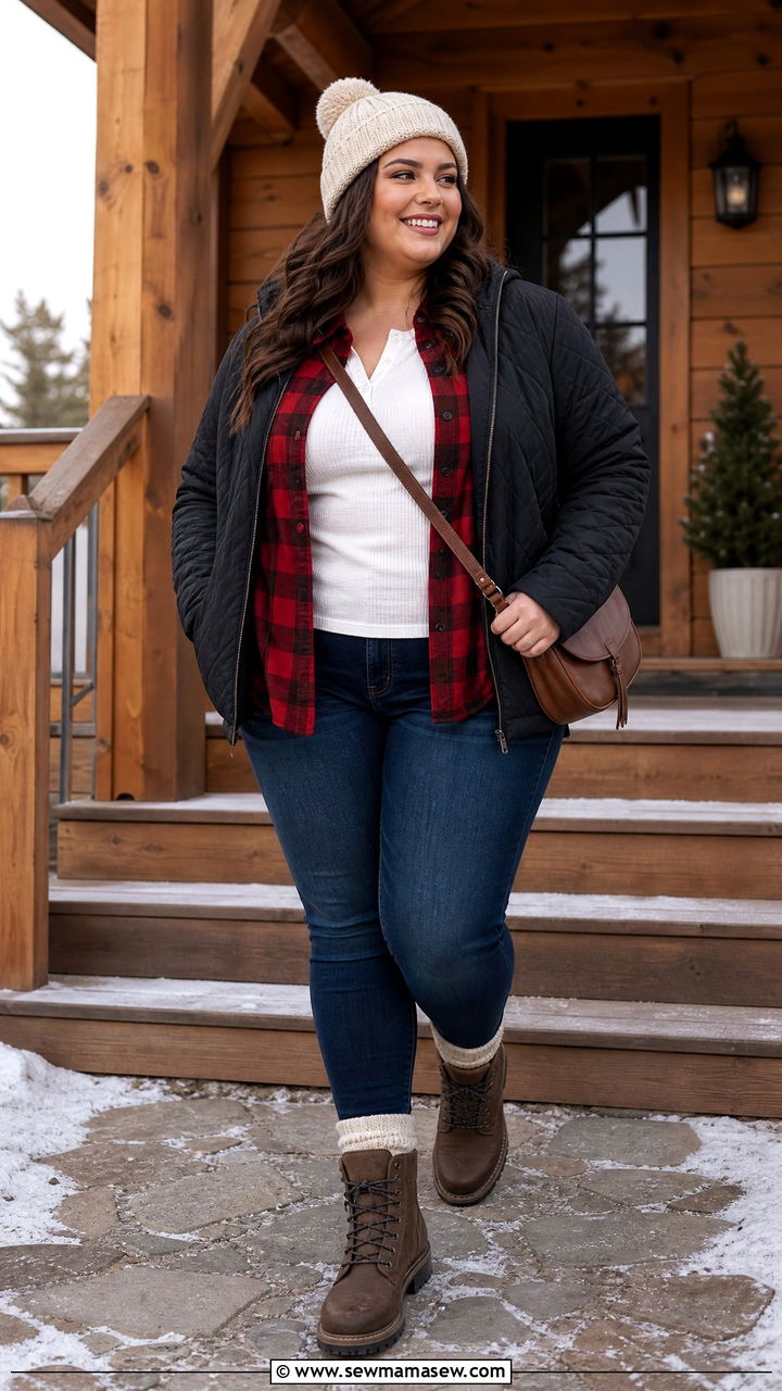 Casual Winter Layers with a Quilted Jacket and Plaid Shirt Casual Winter Layers with a Quilted Jacket and Plaid Shirt — Winter Outfits for Plus Size Women